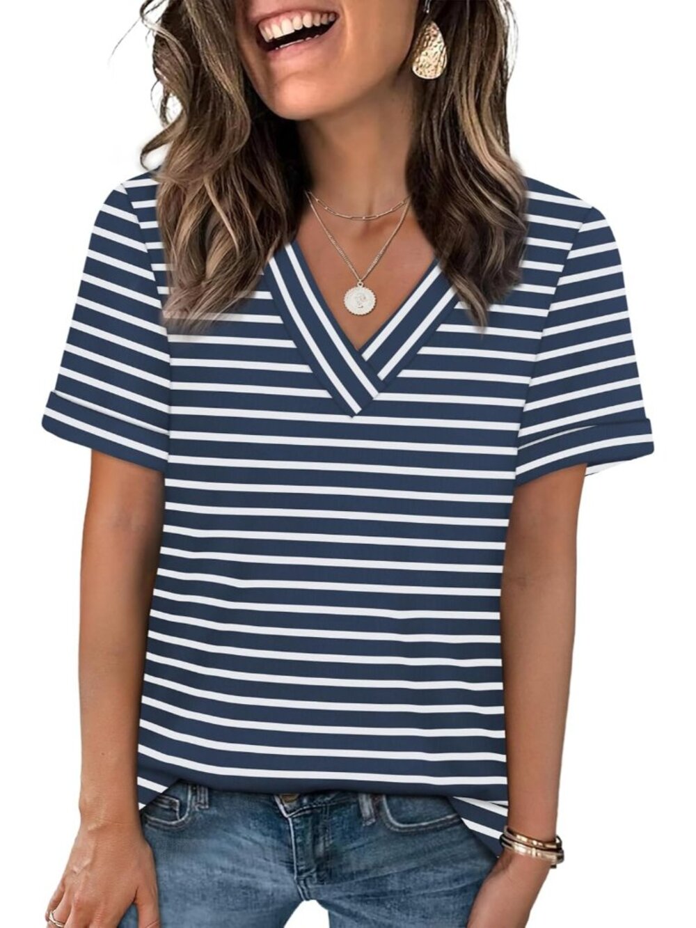 🆕Women's Blue Stripe Tops Short Sleeve Basic Casual V Neck T Shirts Trendy